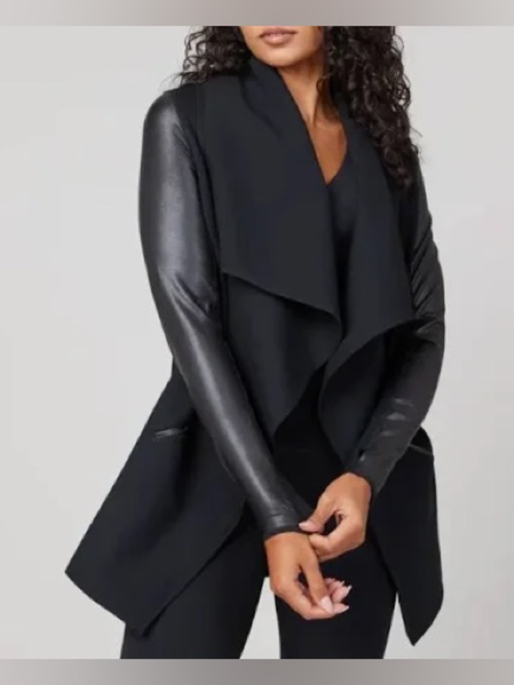 Spanx Ponte Vegan Leather Sleeve Drape Front Jacket size M